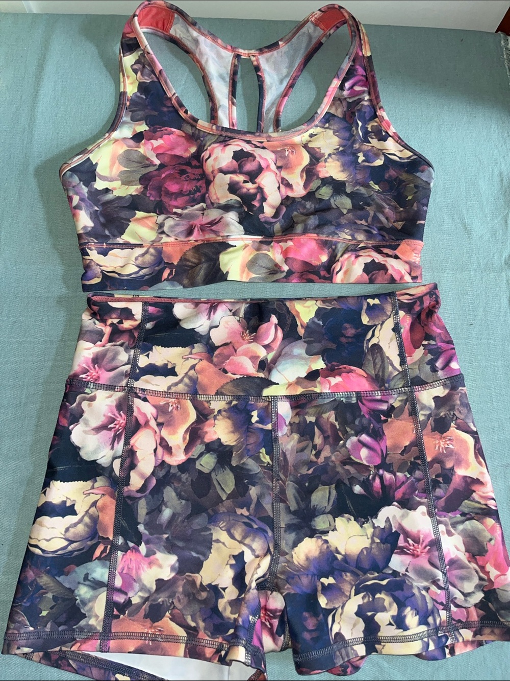 Jessica Simpson Floral Racerback Sports Bra and Shorts Set - Pink Navy Purple